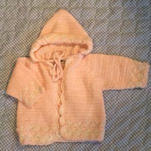 Girls hand knit pink hooded sweater 9/12 months